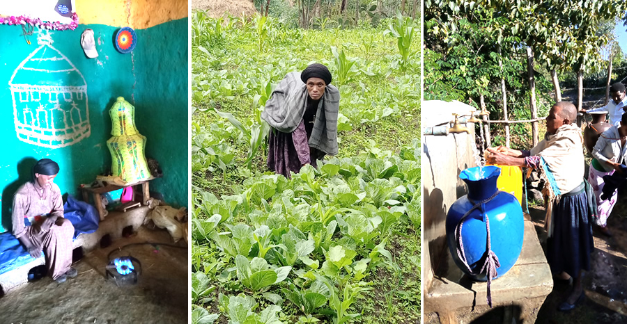 Left: A beneficiary's smile after biogas installation in her home; Centre: Vegetable Farming to boost food security; Right: Residents fetch water at Kore multipurpose spring development scheme in Suha kebele.