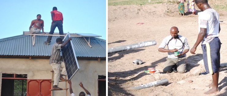 Fixing solar panels on the roof of project store (L), and fixing pond inlet and outlet system (R)